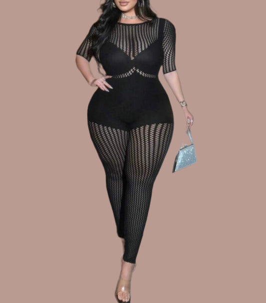 Hollow Fishnet Plus Size Onsie