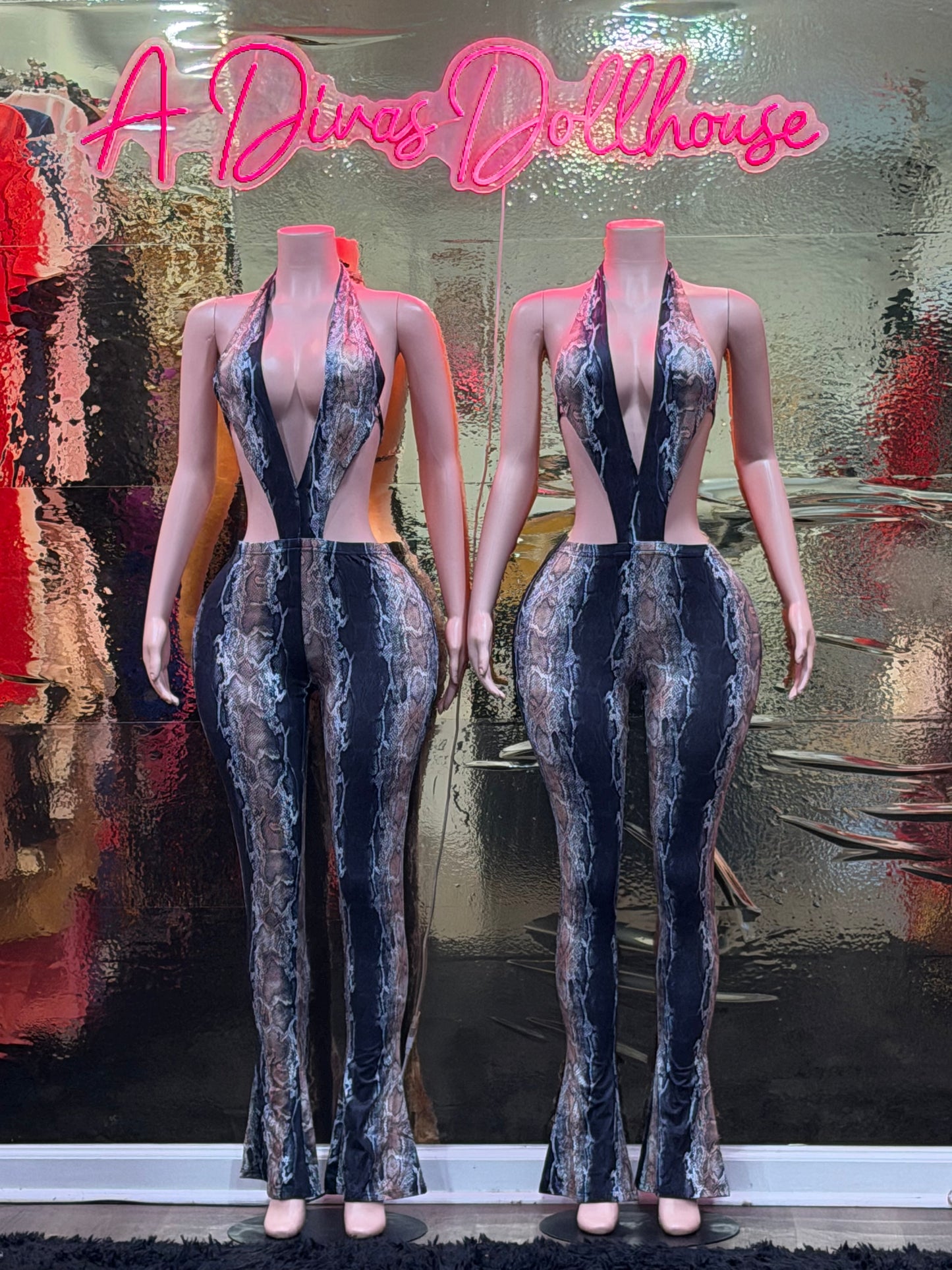 Deep V Snake Print Jumpsuit