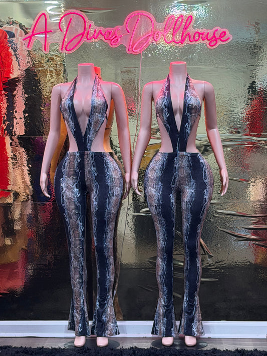 Deep V Snake Print Jumpsuit