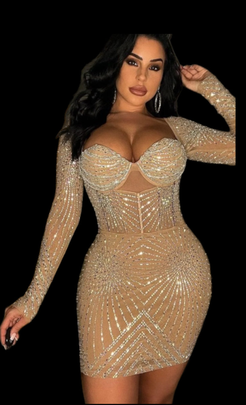 Nude Long Sleeve Rhinestone Dress